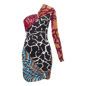 Versace PF19 One Shoulder Mixed Animal Print Mini Dress IT 40 (US Size 4)